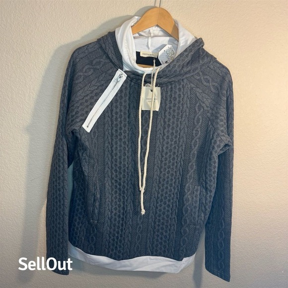 ANDTHEWHY Womens Charcoal Grey Cable Knit Textured Layered Hoodie Sweatshirt S - Picture 2 of 7